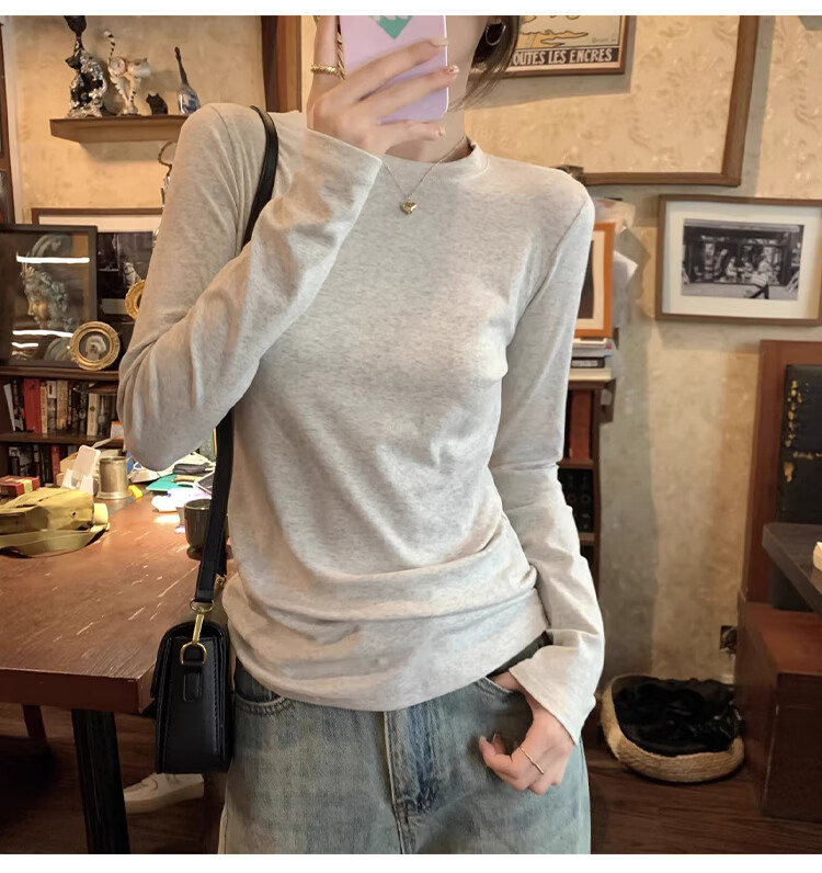 La Chapelle Women's Pure Cotton Base Shirt 2025 New Slim Fit Round Neck Long Sleeve T-Shirt Top Light Gray S 3