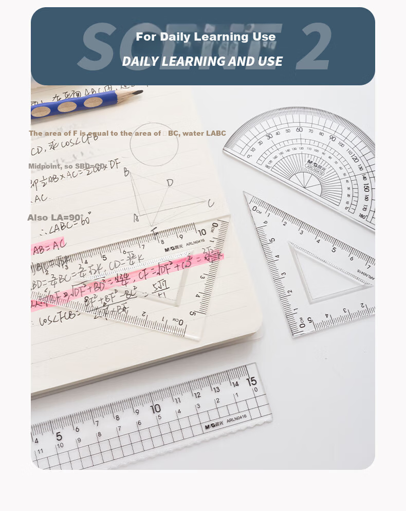 M&G Student Exam Drawing Acrylic Ruler Set, 15cm Straight Ruler + 2 Triangular Rulers + Protractor, Back-To Stationery, ARLN0416, 4-Piece Set 4
