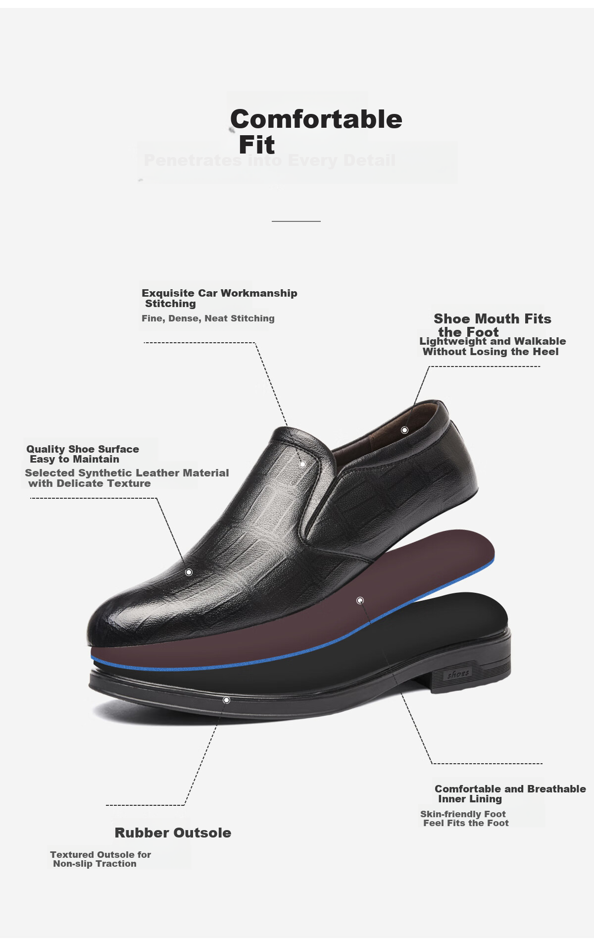 Huili Men's Shoes, Business Commute Leather Shoes, Versatile Casual Comfortable Slip-On Soft Surface Formal Shoes for Dads, Black, Size 44 3