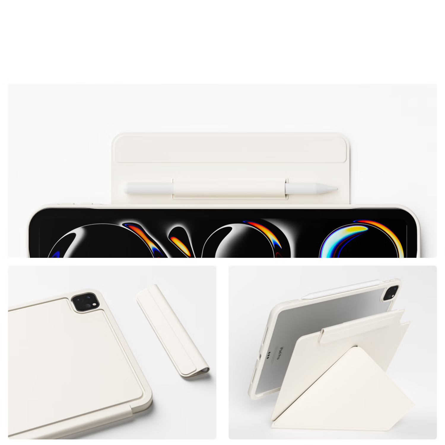Защитный чехол Zhiting для iPad Pro 2024 11 дюймов, полное покрытие, съемный магнитный K-Fold, двусторонний зажим, тонкая подставка с вращением под несколькими углами, защита от изгиба и падения - кремово-белый