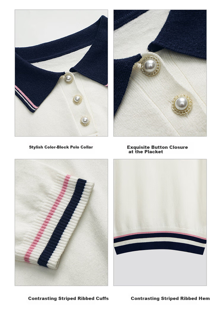 Olrain French Polo Collar Short-Sleeve Knit Top, Summer Women's Loose-Fit Academic Style Blouse, Off-White, XL 8