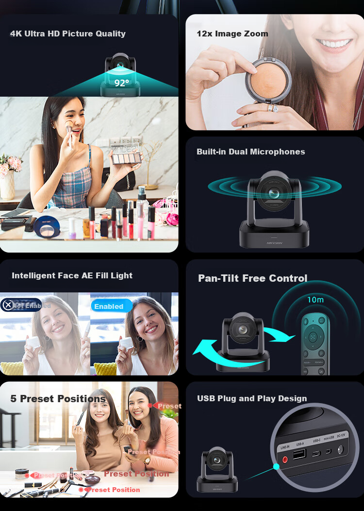 HIKVISION Live Streaming Camera, 4K Ultra HD Camcorder, Desktop Remote Control Pan-Tilt, Douyin Kuaishou Beauty Live Streaming And E-Commerce Equipment, Conference Camera V158 1