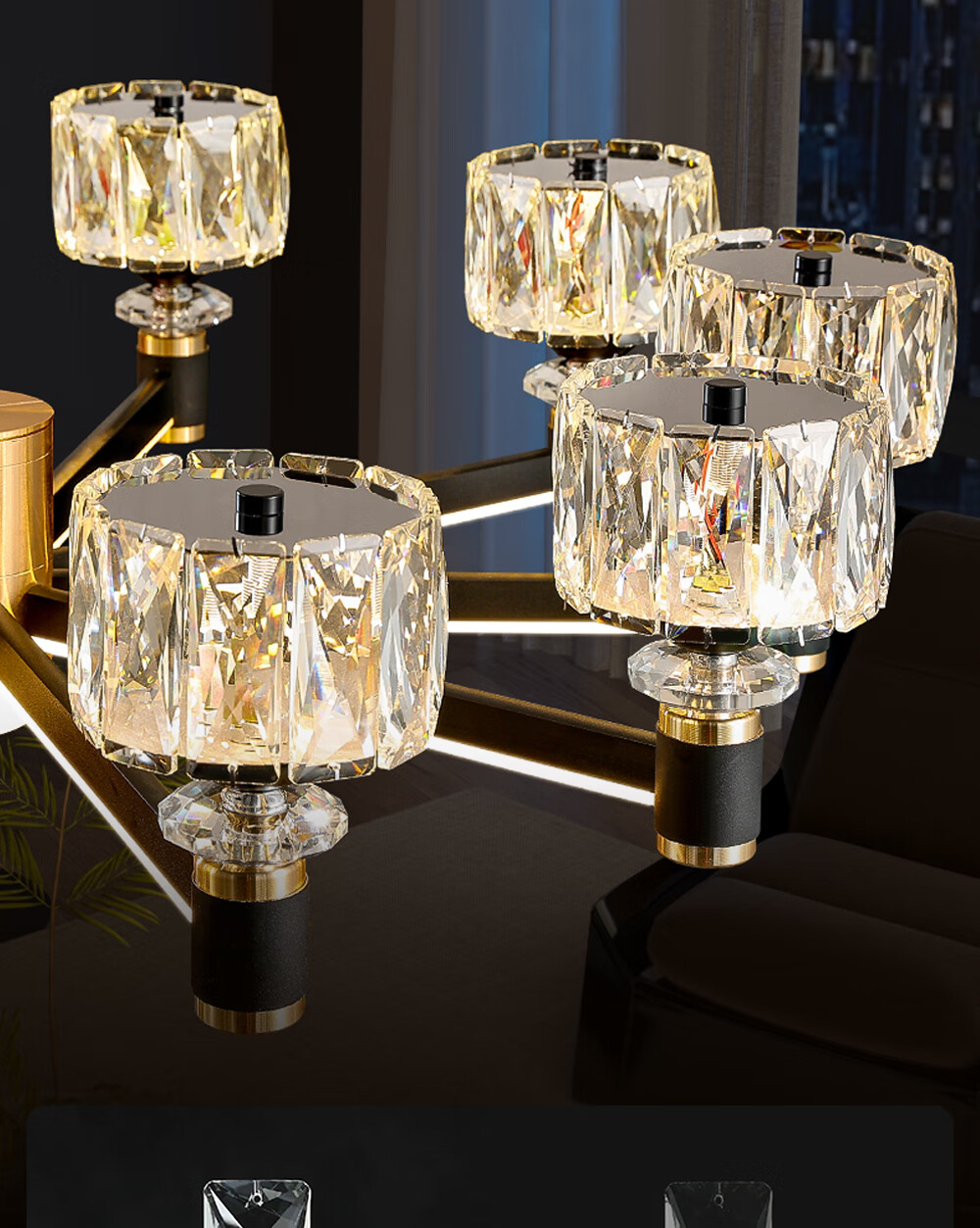 Kuka Light Luxury Chandelier New Model Living Room Dining Room Elegant Imitation Crystal Chandelier Three-Color Dimming 8-Head [Installation Included] 8