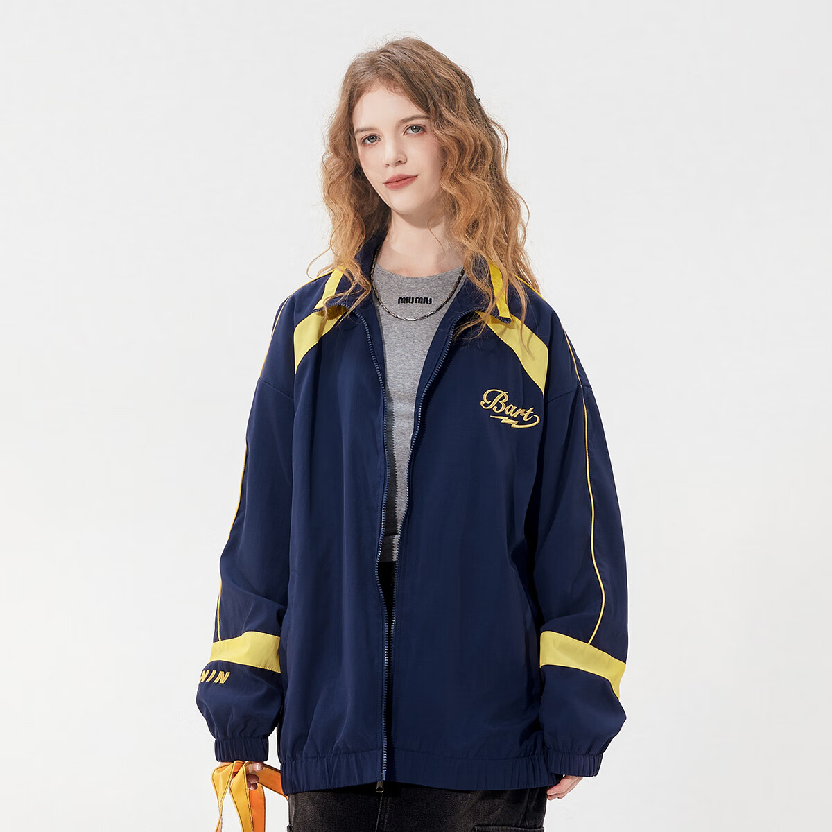 THE SIMPSONS Casual Loose Trendy Embroidered Colorblock Unisex Jacket Navy Blue Regular M