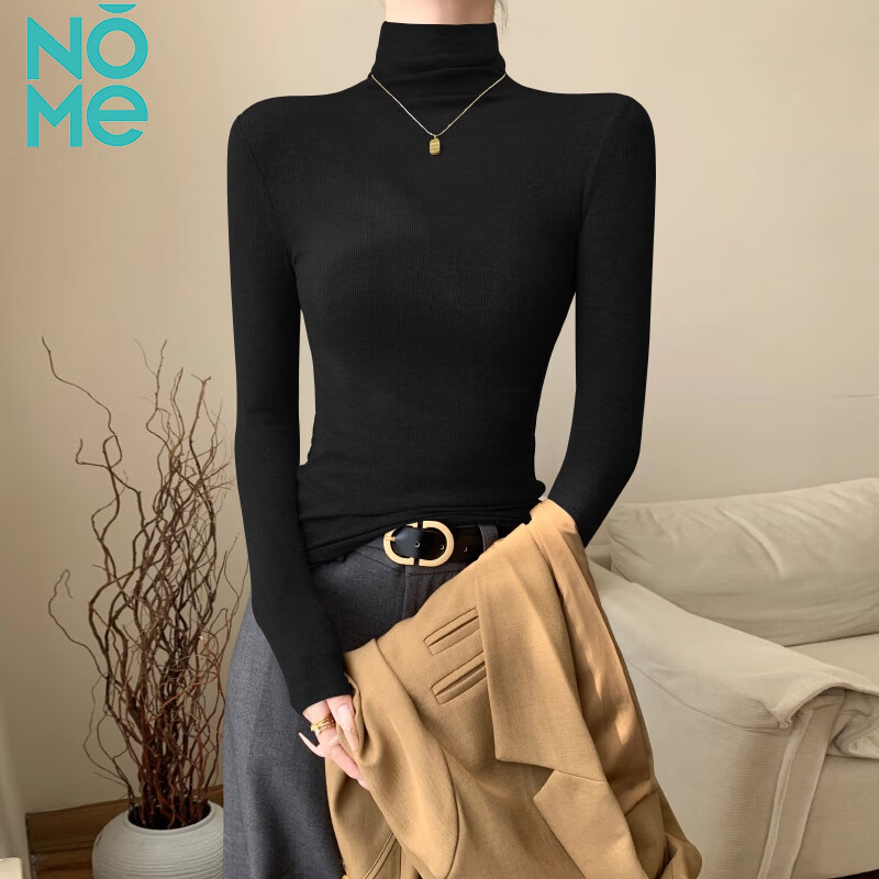NOME Women's Half Turtleneck Fitted Base Shirt 2025 New Autumn Winter Slim Fit Black Turtleneck M