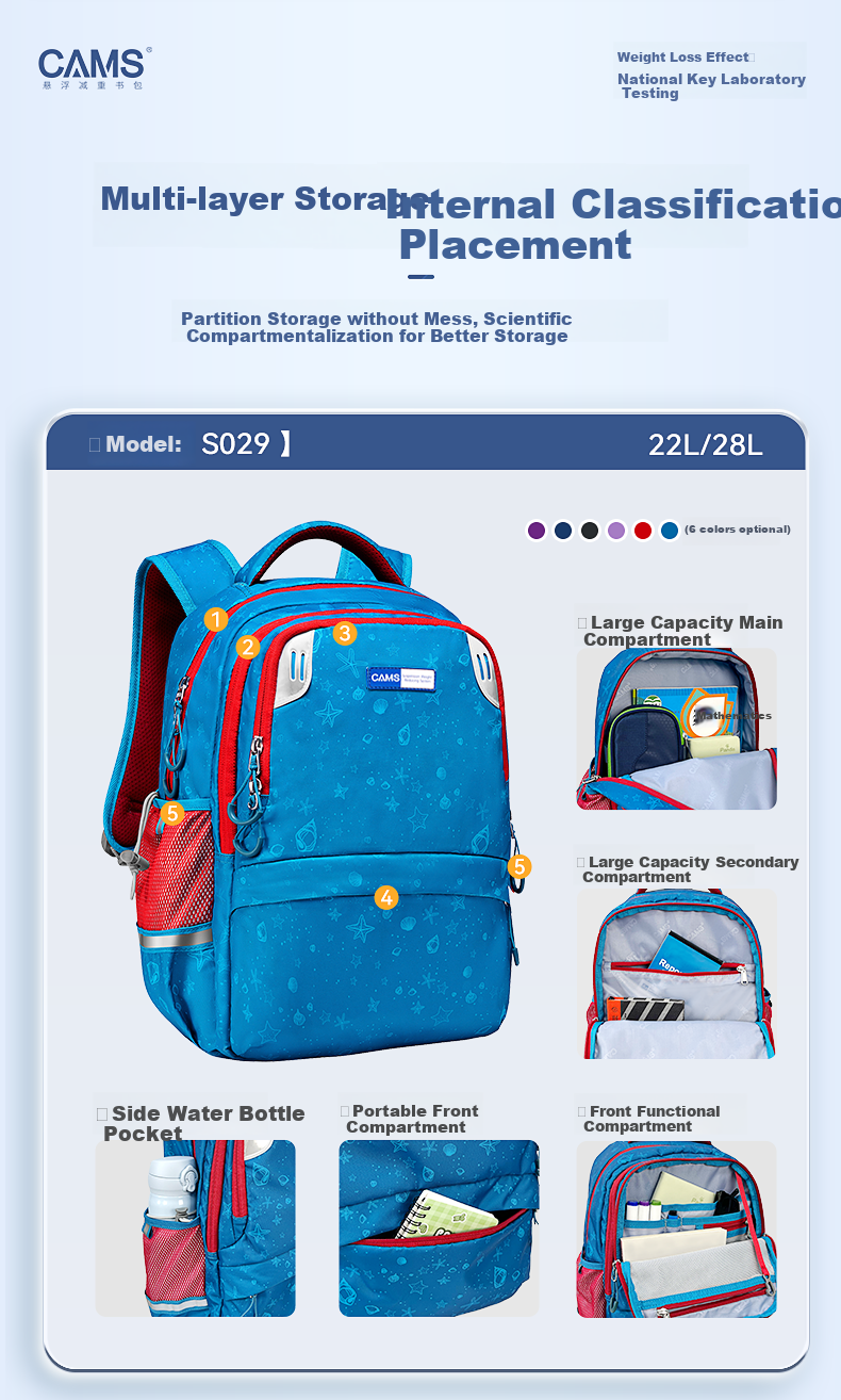 CAMS Suspended Weight Reduction Backpack for Grades 1-3 Male And Female Students, Large Capacity Elementary School Middle School Student Lightweight Spine Protection S02911S 4