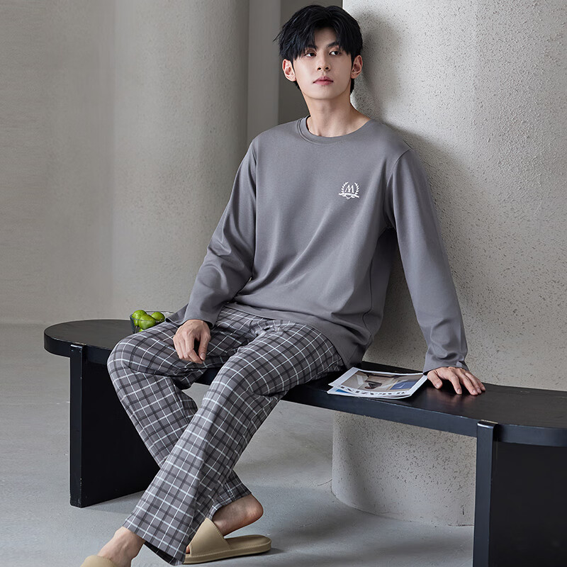 Manza Pure Cotton Pajamas for Men, Spring And Autumn Wear, 2025 New Style Plaid Long-Sleeve Pants, Loose-Fitting Men's Loungewear