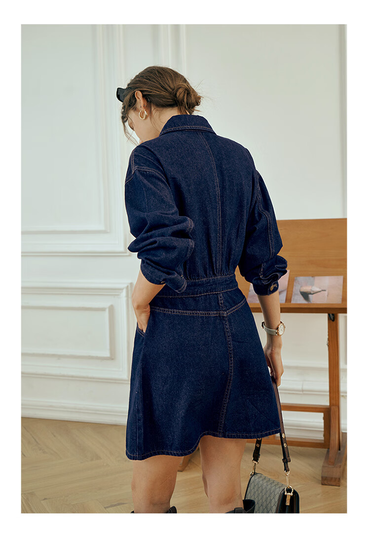 Olrain Eurielle Lapel Denim Dress Women's Autumn Waist-Slim Vintage Petite Dress Prussian Blue L 19