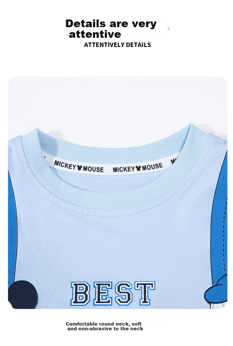 Disney Summer Boys' Short-Sleeve Pants 2-Piece Set, Cartoon Casual Versatile Comfortable Breathable, Light Blue, Size 90 12