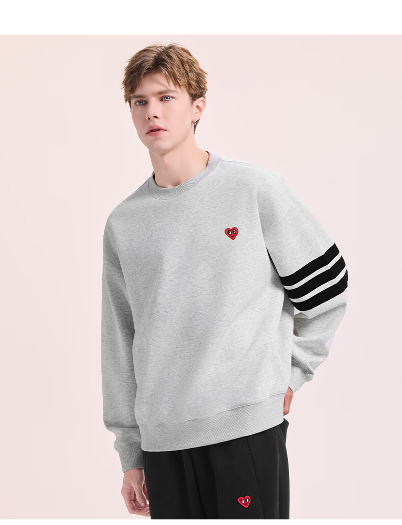 Charles Heart American Style Three Stripes Crewneck Sweatshirt Loose Fit Spring Autumn Couple New Heart Embroidery Long Sleeve Light Heather Gray XS 5