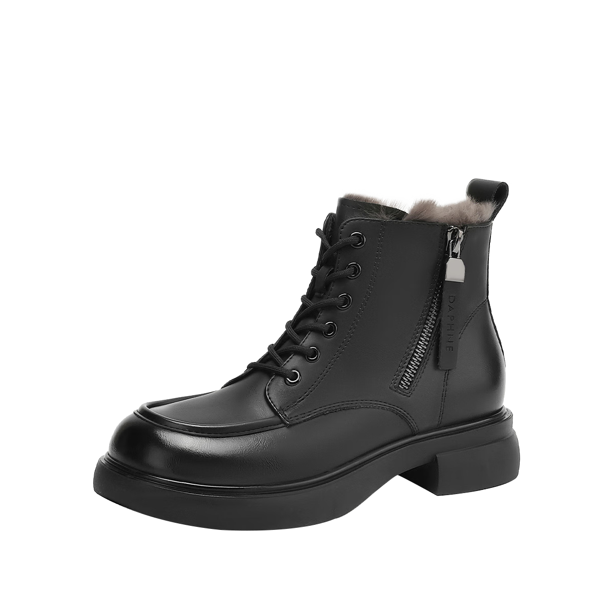 DAPHNE Women's Martin Boots Autumn Winter Fleece Lined Warm Short Snow Boots Leather Black 37