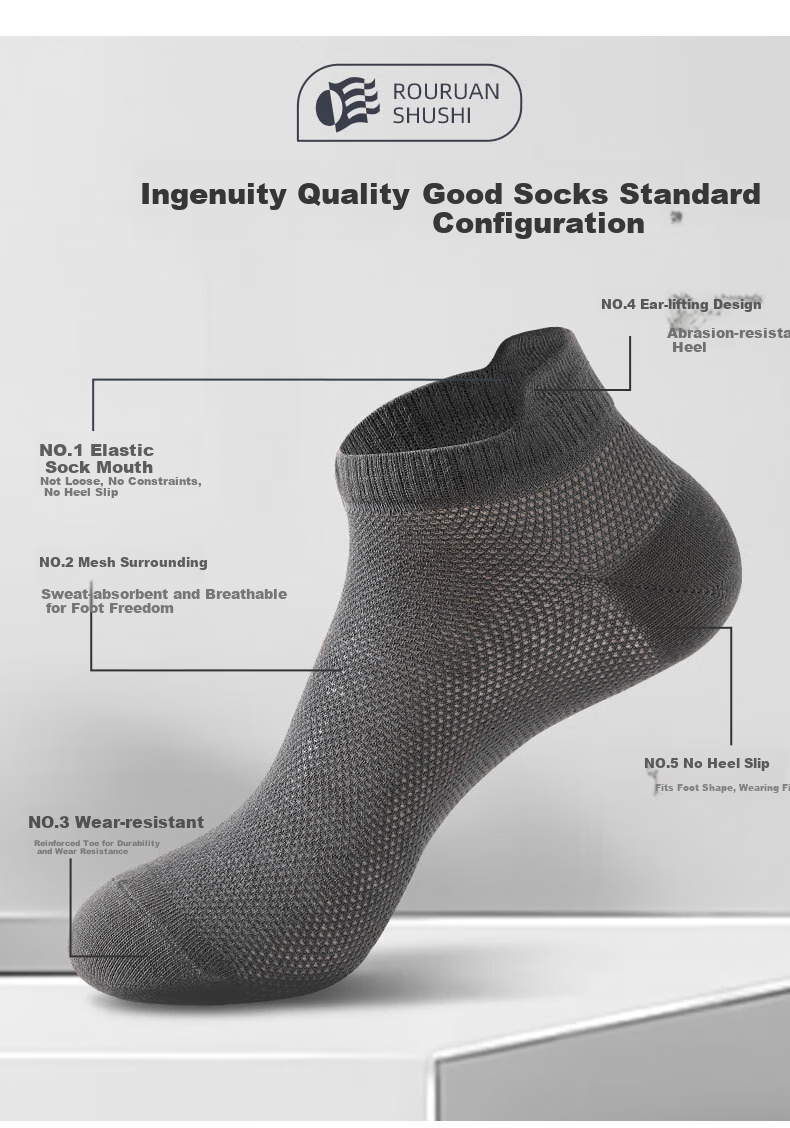 Mianmanman Men's Socks, Xinjiang Cotton Short Socks, Antibacterial And Odor-Resistant, Thin Summer Style, Sweat-Absorbing And Breathable, with Ears And Non-Slip Heel, Boat Socks, 10 Pairs 7