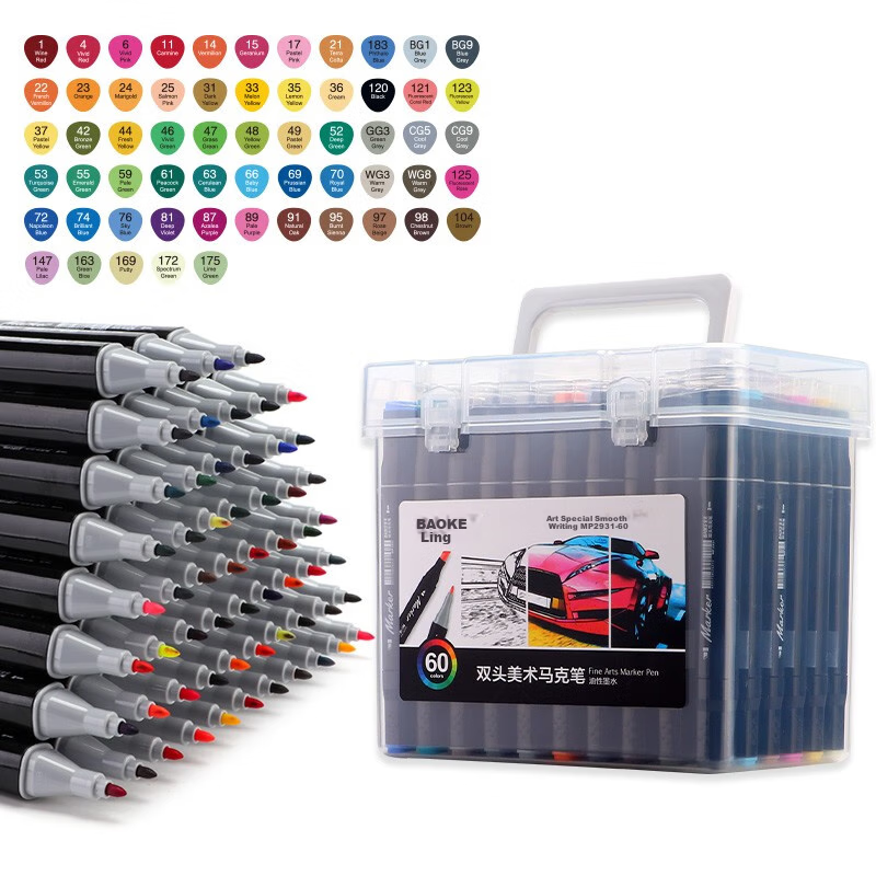 BAOKE MP2931-60 Dual-Tip Markers, Alcohol-Based, for Students' Art Drawing, Children's Doodling, Design Pens, 60 Colors, Watercolor Pens for Art Educatio