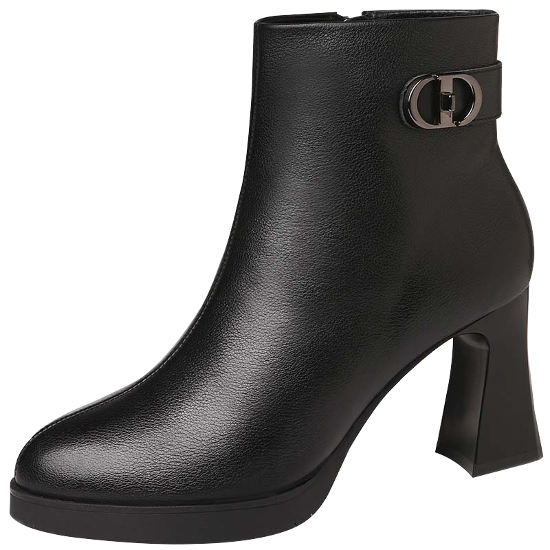 FUGUINIAO Genuine Leather Cowhide Ankle Boots Women Autumn Winter Metal Decor Fashion Boots Elegant High Heels Black Short Velvet Size 37