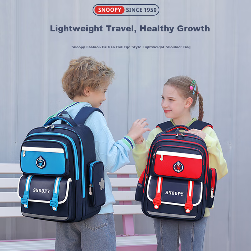 SNOOPY Elementary School Backpack, British Style Large Capacity Girls' School Bag for Grades 3-6, Blue Large Size