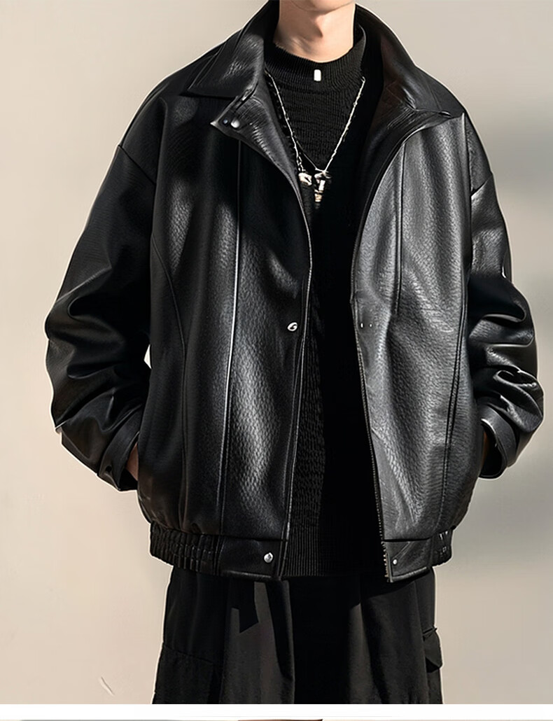 Wu Huang Cat Autumn Winter American Style Retro PU Leather Lapel Casual Jacket Men Fake Two-Piece Coat WJ13 Black L 3