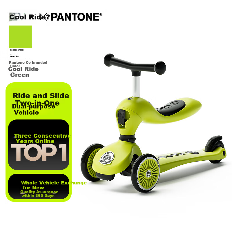 COOGHI Children's Scooter V2 Two-In Multifunctional Kids' Bike, Gravity Steering, Quiet, for Ages 1-5, Birthday Gift, Classic Gree