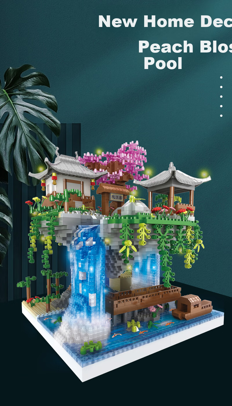 Miaoyan [2 Figurines] Peach Blossom Pond Architecture Compatible with Lego Building Blocks Display Set, Birthday Gift for Children Aged 7-14 8