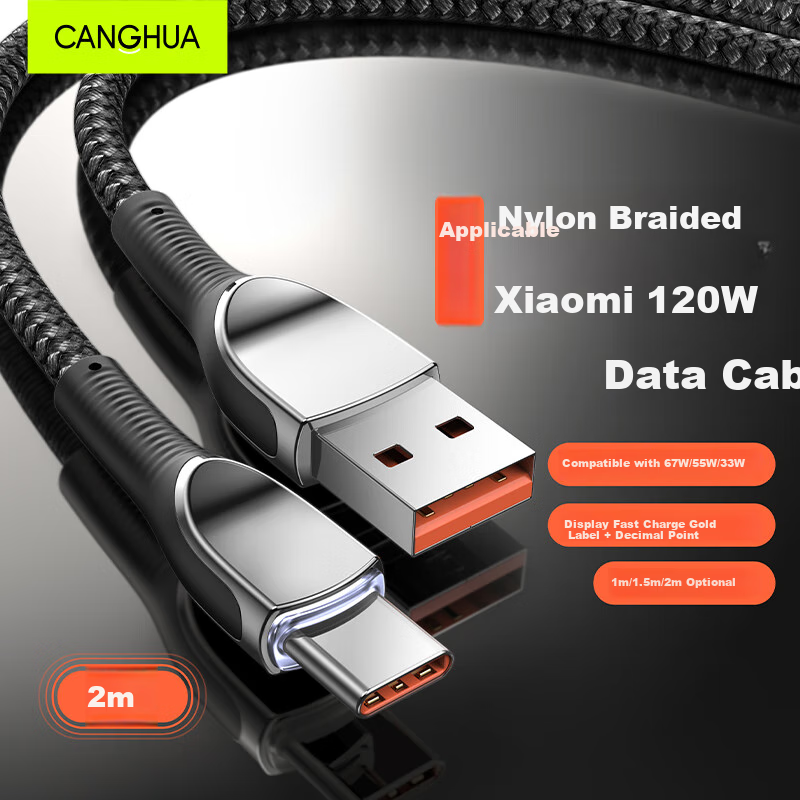 Кабель CangHua для быстрой зарядки Xiaomi Type-C 6A, 120W/90W, плетеный, 2 метра, черный