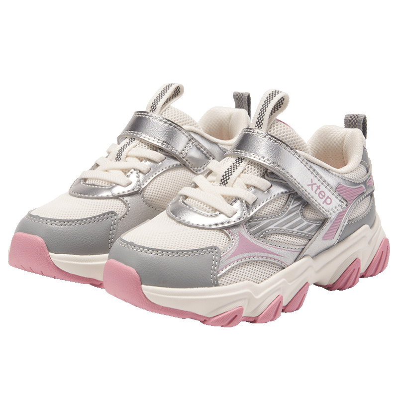XTEP Kids Starfall Retro Dad Sneakers Leather Velcro Sports Shoes Off-White/Silver Size 27