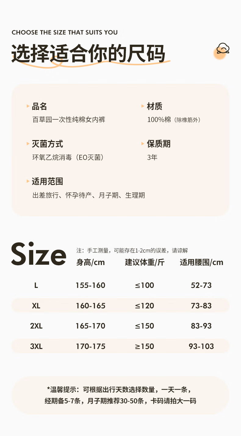Baicaoyuan Disposable Cotton Underwear for Women, EO Sterilized, No-Wash, Travel, Pregnancy, Menstrual Period, Daily Disposable Panties, 5 Pieces, XL Size 2