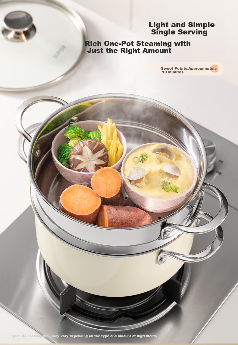 SUPOR 304 Stainless Steel Double-Layer Steamer with Composite Bottom, Suitable for Gas And Induction Cooktops, 22cm White, EZ22SAS01-W 3