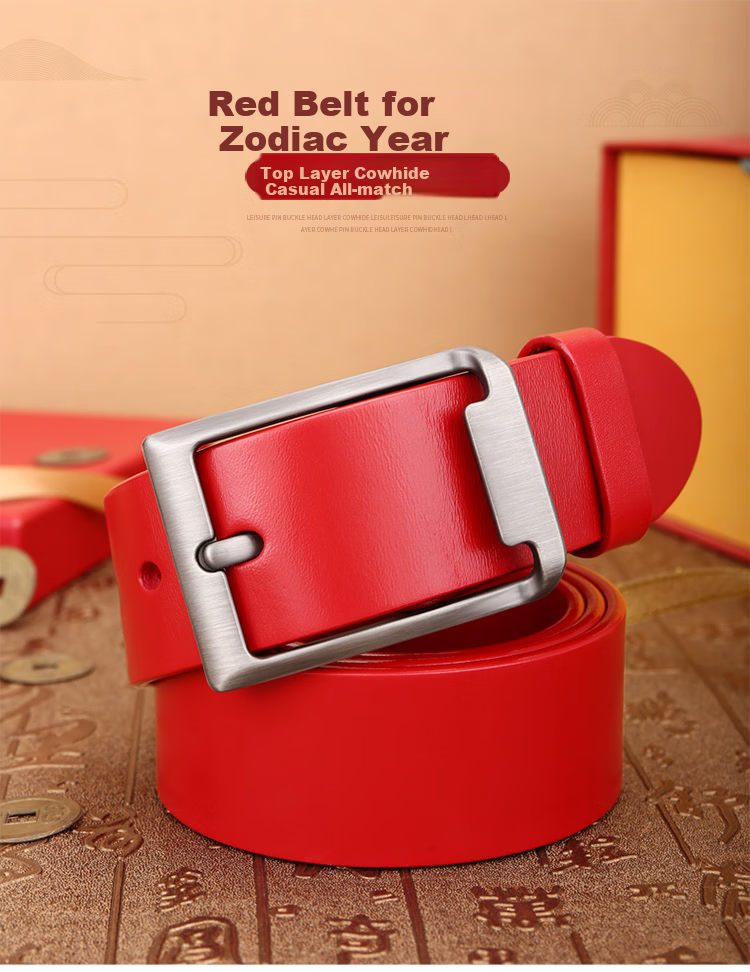 Cattlesboss Red Belt for Men, Zodiac Year Red Leather Belt, Horse Year Men's Casual Pin Buckle Trouser Belt, 1101 Racing Red 110cm 1
