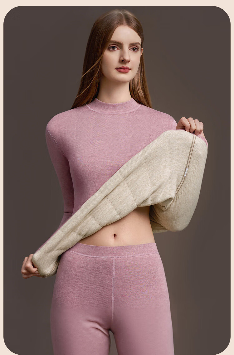 LangSha Women's Thermal Underwear Set Thickened Fleece Wool Warm Mid-Neck Winter Heat Retention Autumn Top and Bottom 16