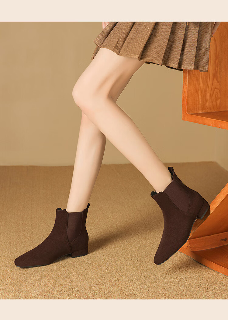 ZHR Women's Autumn Winter Suede Pointed Toe Fleece-Lined Chelsea Boots, Versatile Commuter Chunky Heel Boots K379A Black Size 36 7