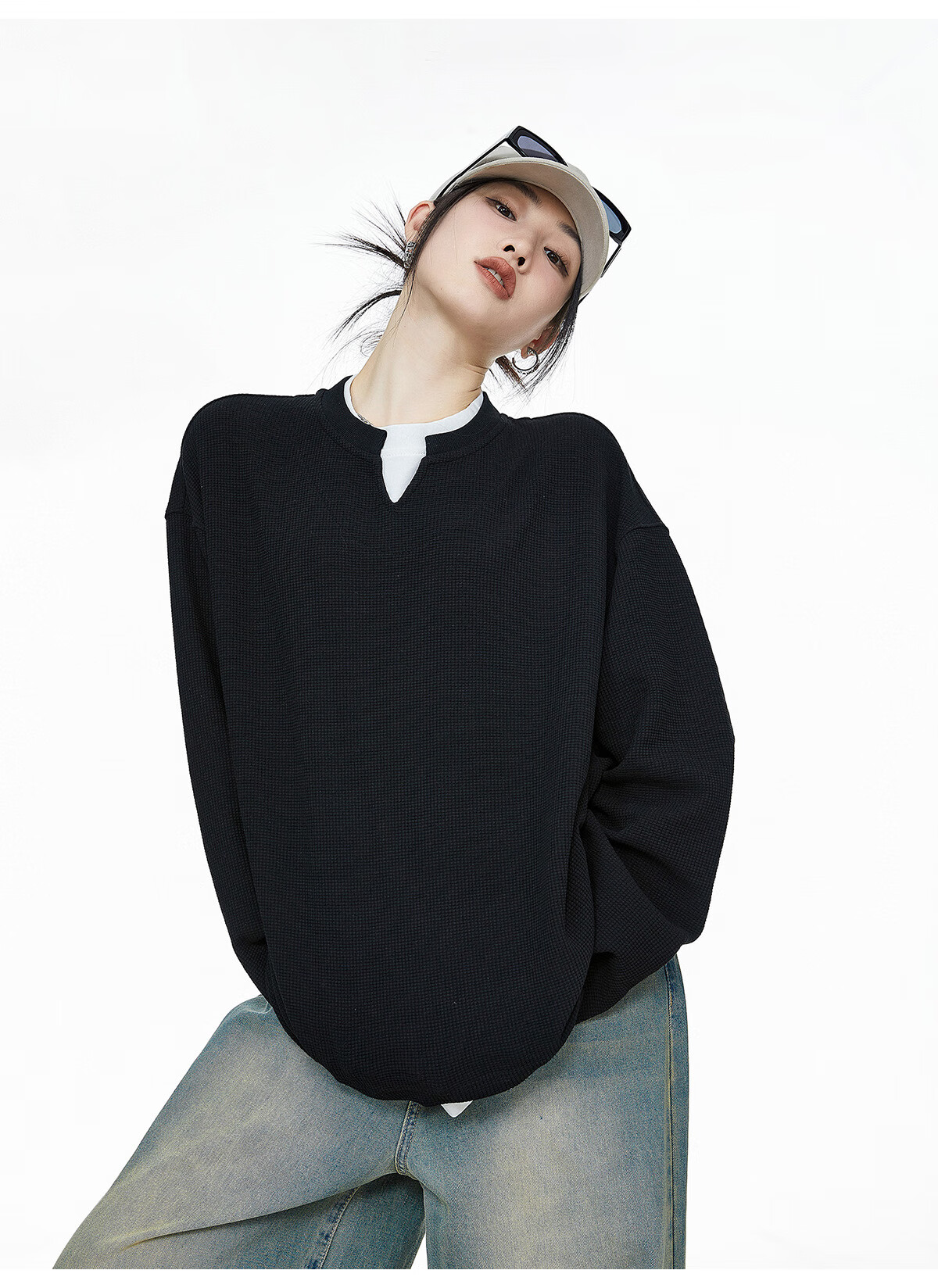 ICH MODE Women's Pullover Sweatshirt American Waffle Long Sleeve T-Shirt Autumn Winter Loose Casual Henley Neck Top Gray L 42