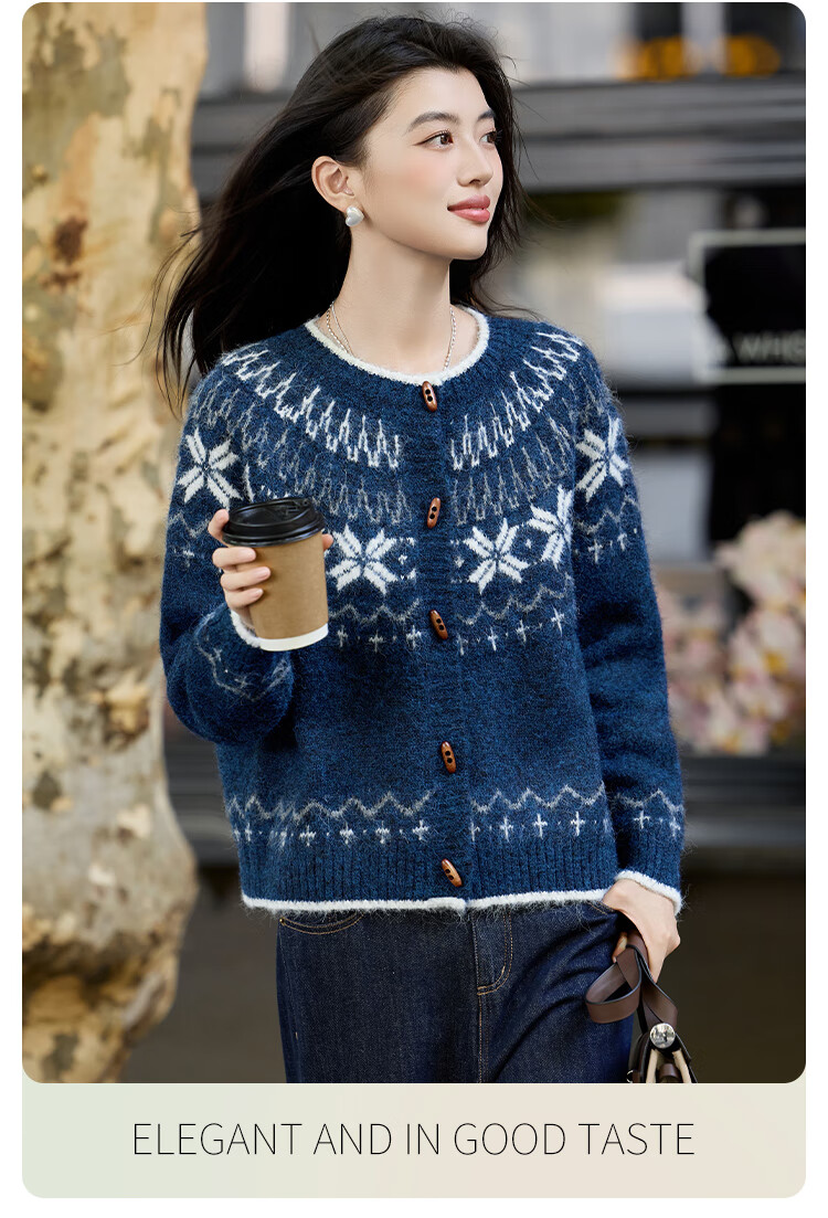 Bailuyu Vintage Colorblock Snowflake Wool Blend Cardigan Sweater Women Oatmeal S 2025 Autumn Winter New 5