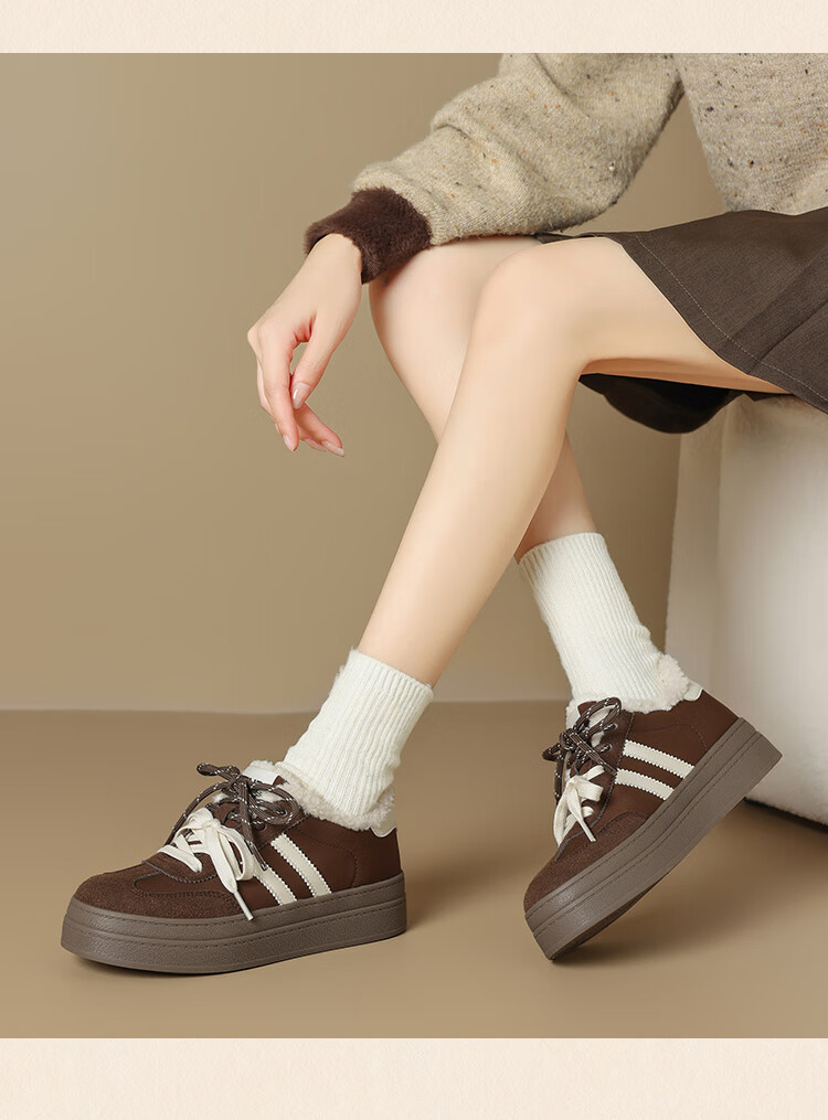 ZHR Fleece-lined German Training Shoes Women Winter Thick-soled Sneakers Warm Cotton Shoes Casual Women's Shoes KS260B Brown Size 36 1