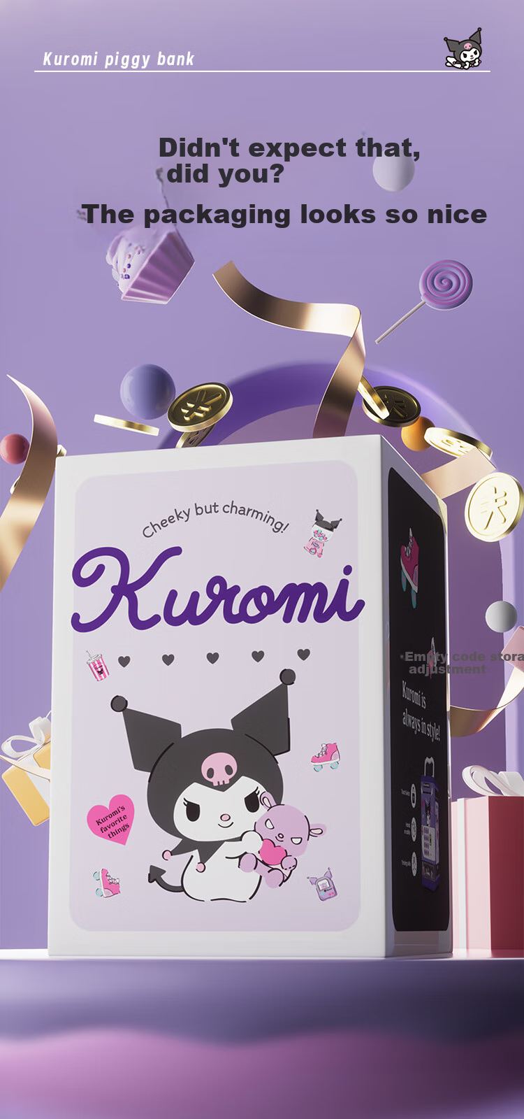 KUROMI Sanrio Melody Piggy Bank Children's Toy with Realistic Fingerprint Recognition, Savings Bank for Girls Aged 5-14 Birthday Gift 11