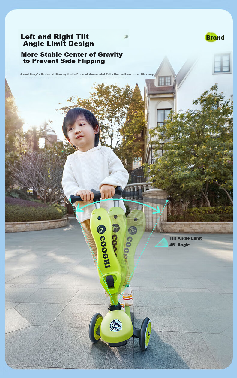 COOGHI Children's Scooter V2 Two-In Multifunctional Kids' Bike, Gravity Steering, Quiet, for Ages 1-5, Birthday Gift, Classic Gree 12
