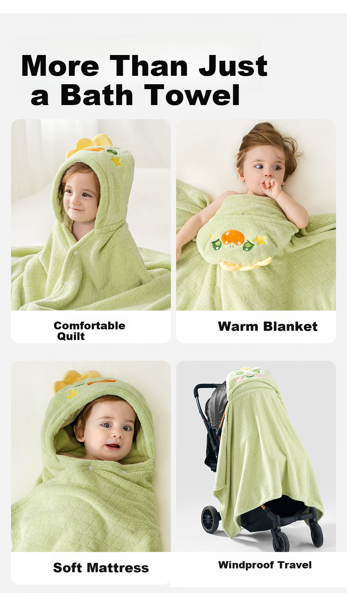 OUYUN Baby Bath Towel, Coral Fleece Quick-Dry Children's Cape Bathrobe with Hood, Baby Bathing Robe, Dinosaur Pattern, 145*85 Cm 16