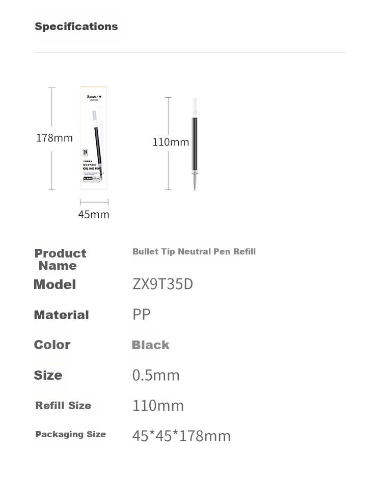 GuangBo Retractable Gel Pen Refill K35, Signature Pen Refill, 0.5mm Black Bullet Tip, Office Supplies, 20 Pieces/box, ZX9T35D 9