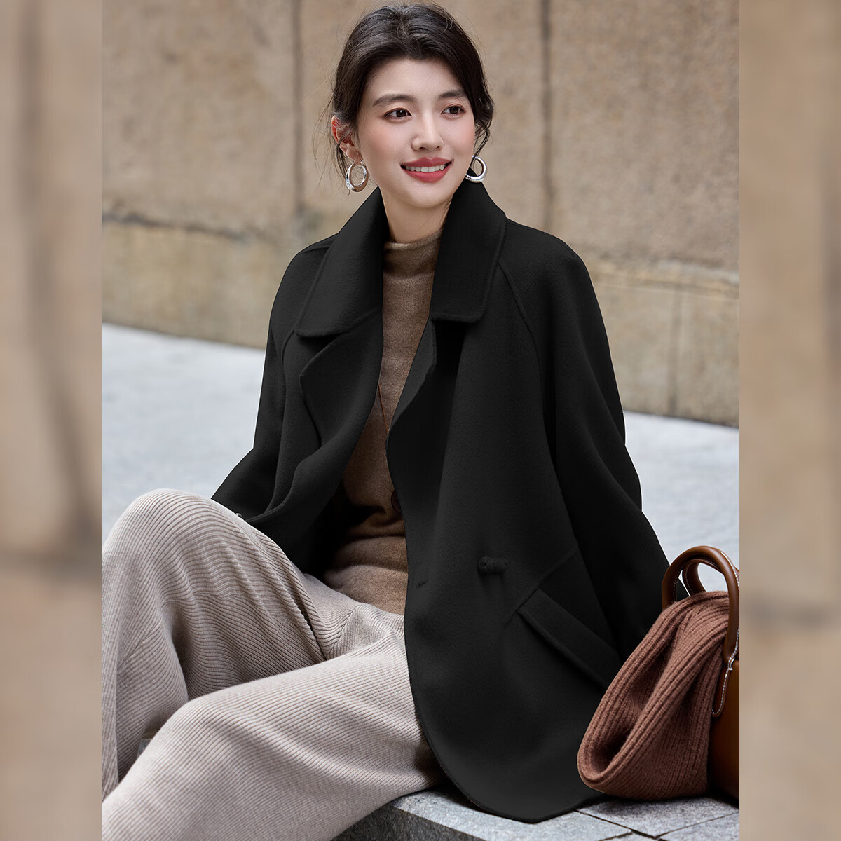 Bailu Elegant 100% Wool Coat 2025 Winter New Suit Collar Simple Mid-Length Double-Faced Woolen Women Black S