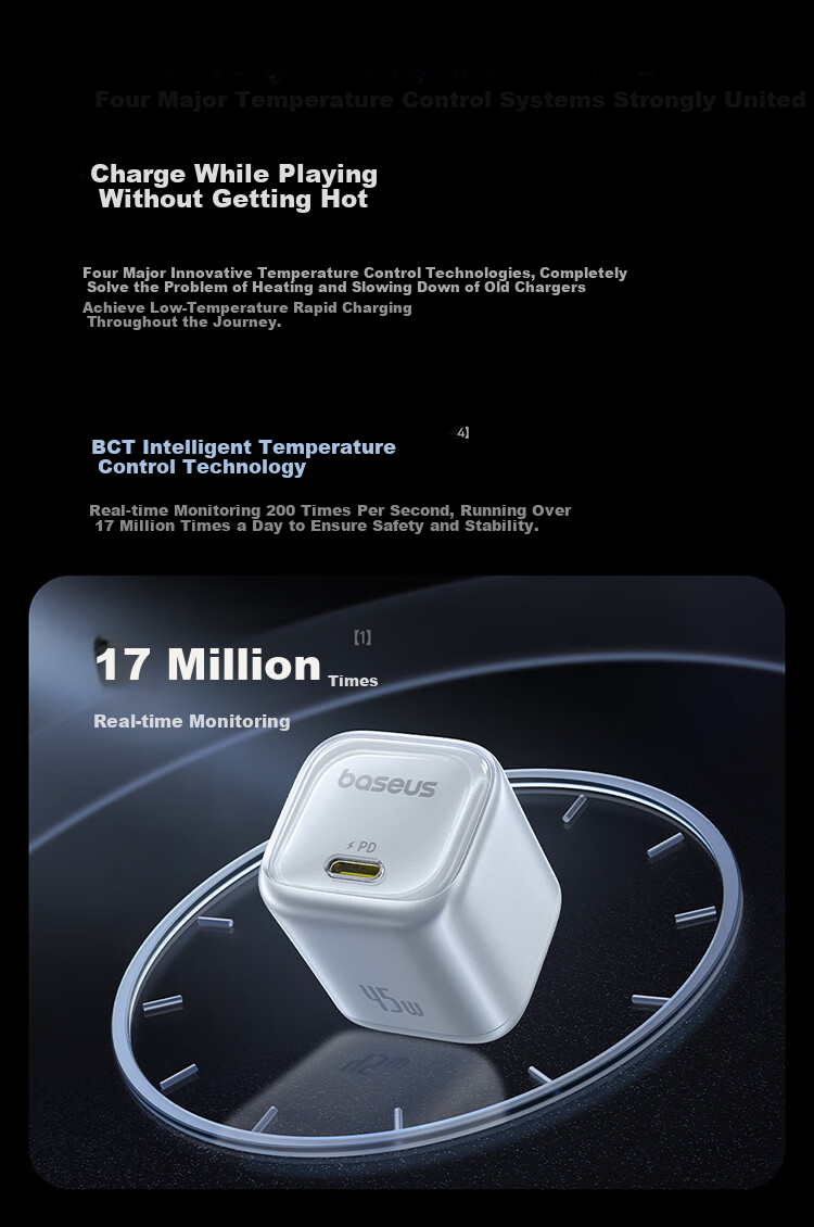 Baseus Dual-Core Charger, Apple 17 Charger PD45W Compatible with 40W GaN Fast Charging Head, IPhone17/16/15ProMax/Air Phone And IPad Charger Head, Starry Black 16