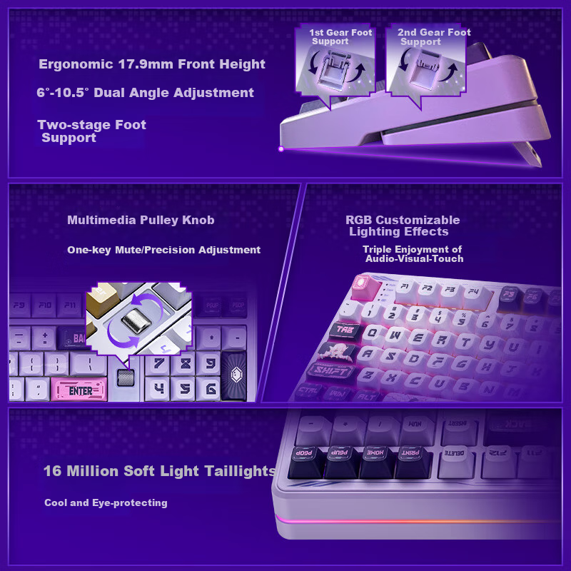 Colorful Qingyu 98Pro Mechanical Keyboard, Yijie IP Three-Mode Customizable Wireless Bluetooth Full-Key Hot-Swappable Low-Latency Office Gaming Purple Silk, Hantong Switch