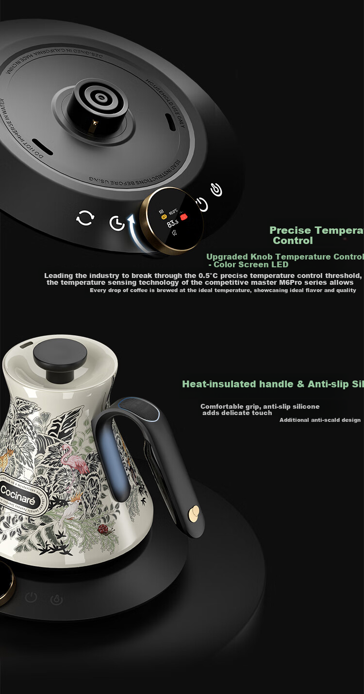 Cocinare Pour-Over Kettle, Hand-Brewed Coffee Pot, C-Shaped Color-Changing High-Aesthetic Coffee Temperature Control Kettle, Coffee Maker, Home Appliance Water Kettle, M6Pro Jungle Secret 0.6L 4