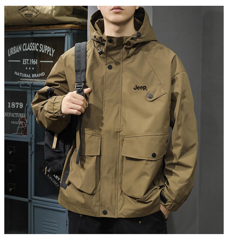 JEEP Men's Jacket Autumn Winter Hooded Workwear Loose Fit Outdoor Casual Coat Brown 3XL 2