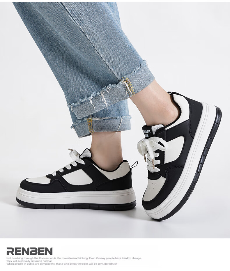 RENBEN 2026 Spring New Chic Original Black and Pink Casual Breathable Thick-Soled Sports Sneakers White Shoes 3