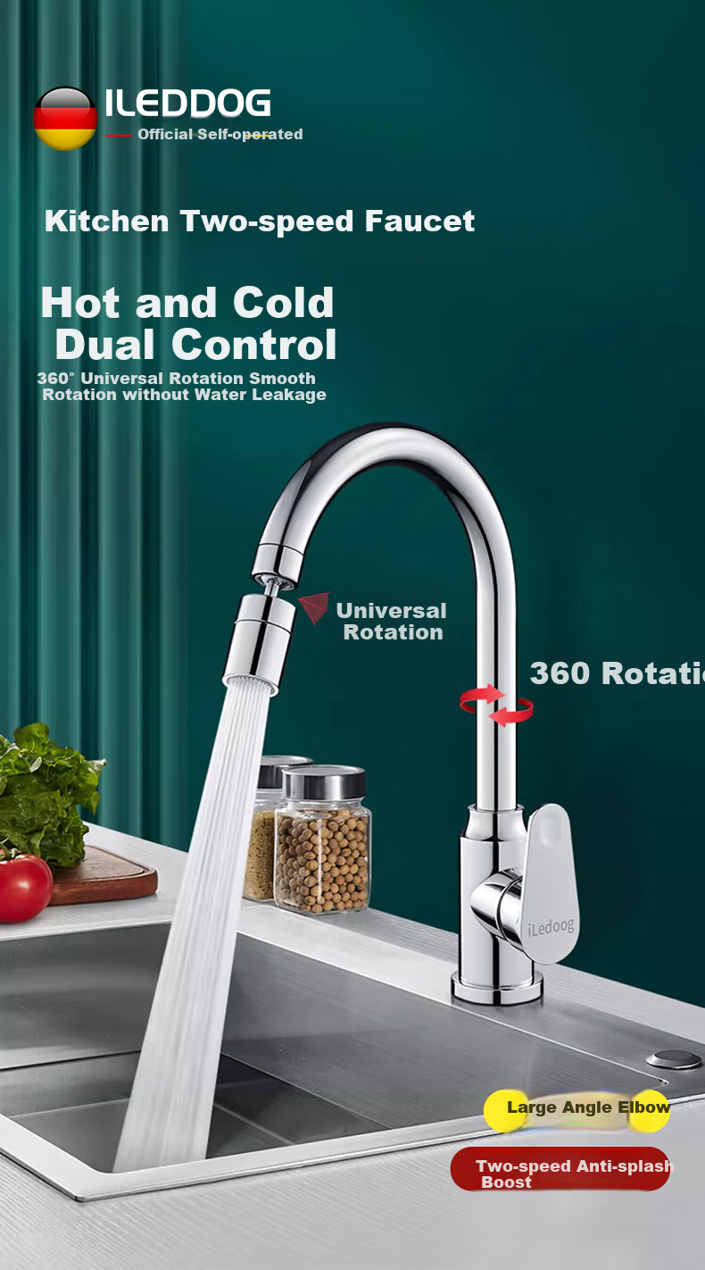 ILeddog [Germany] Kitchen Faucet, Dual Temperature And Control, Dishwashing Sink, 360° Rotating Anti-Splash Tap, CFLT-GY2D 2