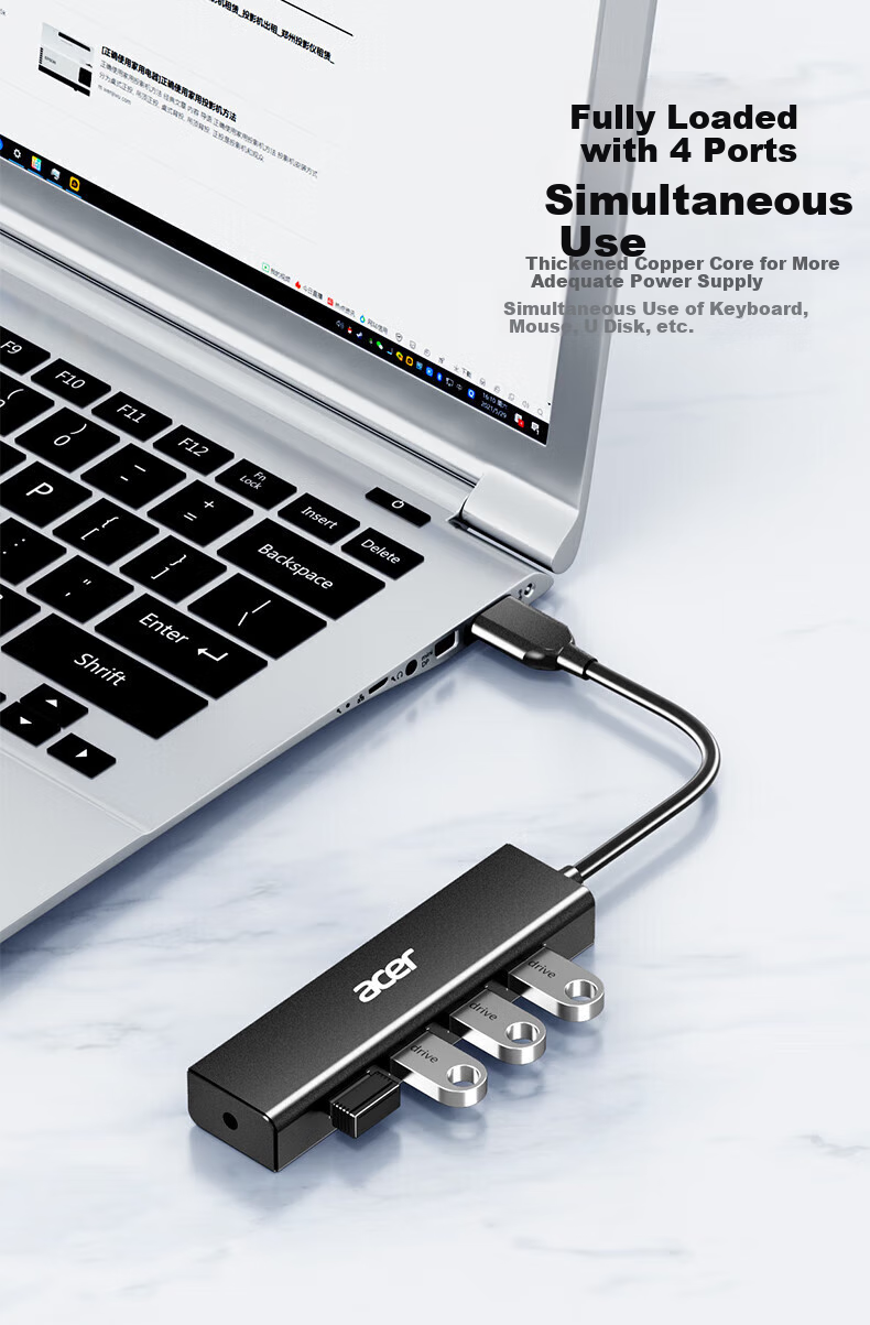 Acer USB 3.0 Hub, Expansion Dock, High-Speed 4-Port Hub Adapter, Compatible with Desktop Computers And Laptops, Multi-Port Converter, Extension Cable, 1 Meter 2