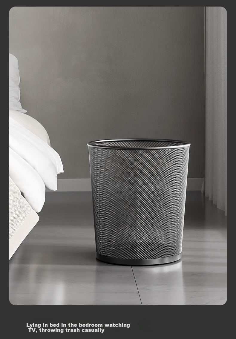 Baijiahaoshi Household Metal Mesh Trash Can without Lid, 12L Round Black, for Living Room Bathroom Bedroom, Wire Mesh Office Wastebasket 9