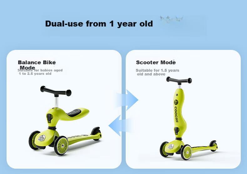 COOGHI Children's Scooter V2 Two-In Multifunctional Kids' Bike, Gravity Steering, Quiet, for Ages 1-5, Birthday Gift, Classic Gree 8