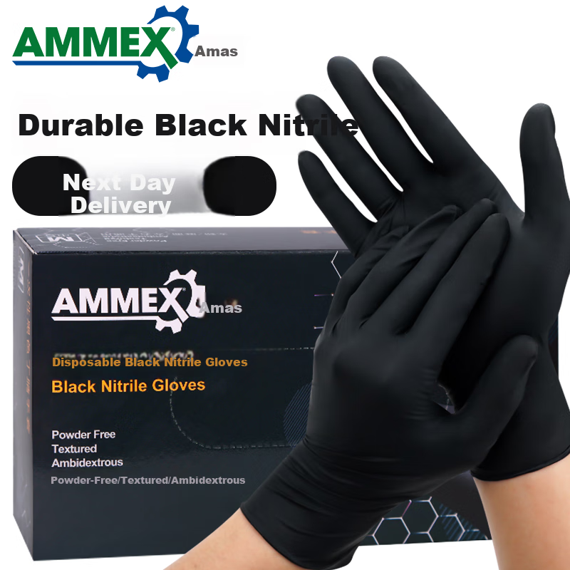 AMMEX Disposable Nitrile Gloves, 100 Pieces, Small Size, Thickened, Durable, Waterproof, for Laboratory Inspection And Protection, Kitchen Use, Black