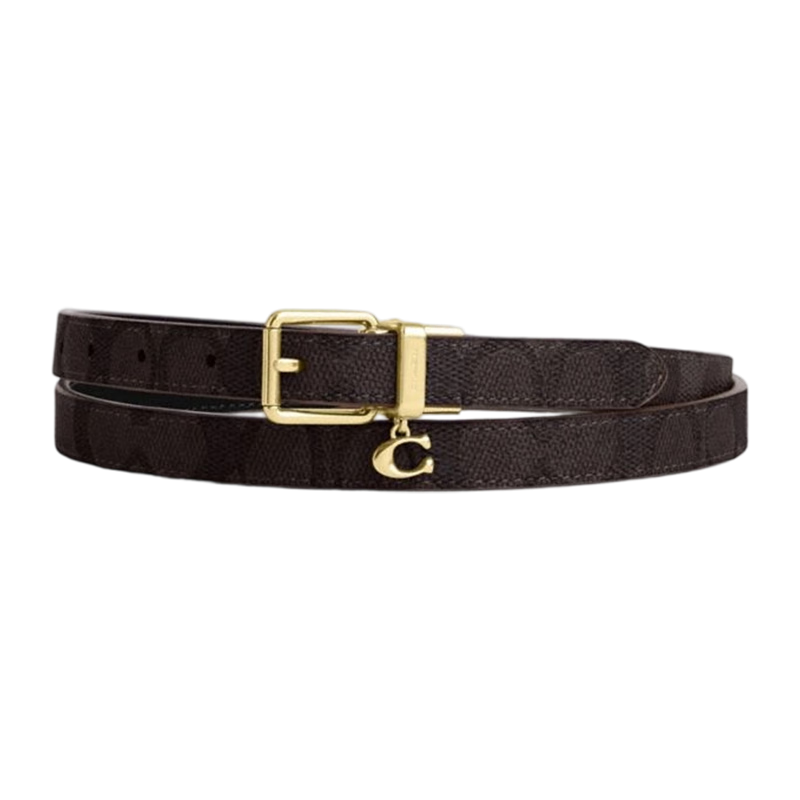 COACH [Brand Direct Supply] Women's Pin Buckle 18MM Double-Sided Leather Belt with Walnut Wood Splicing Black CCJ04 Gift