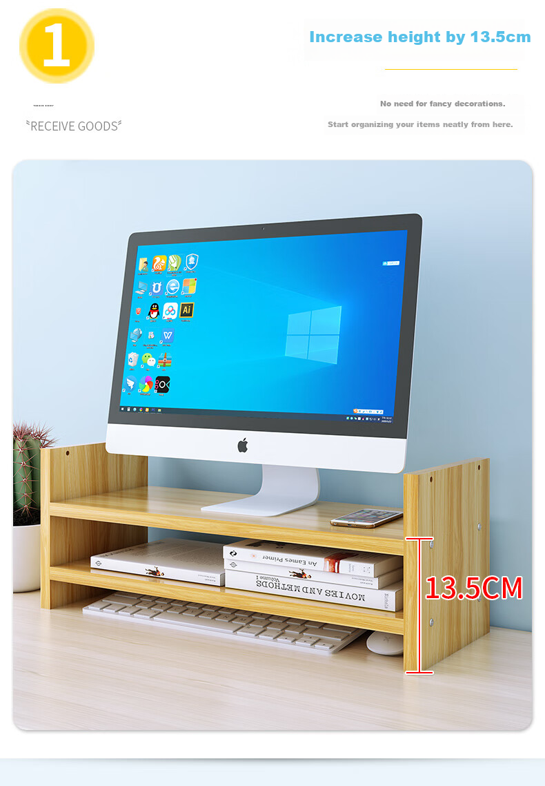 Shuranjia Adjustable Height Computer Monitor Riser Stand, Dorm Office Desk Organizer Shelf, Cherry Wood Color 04 3