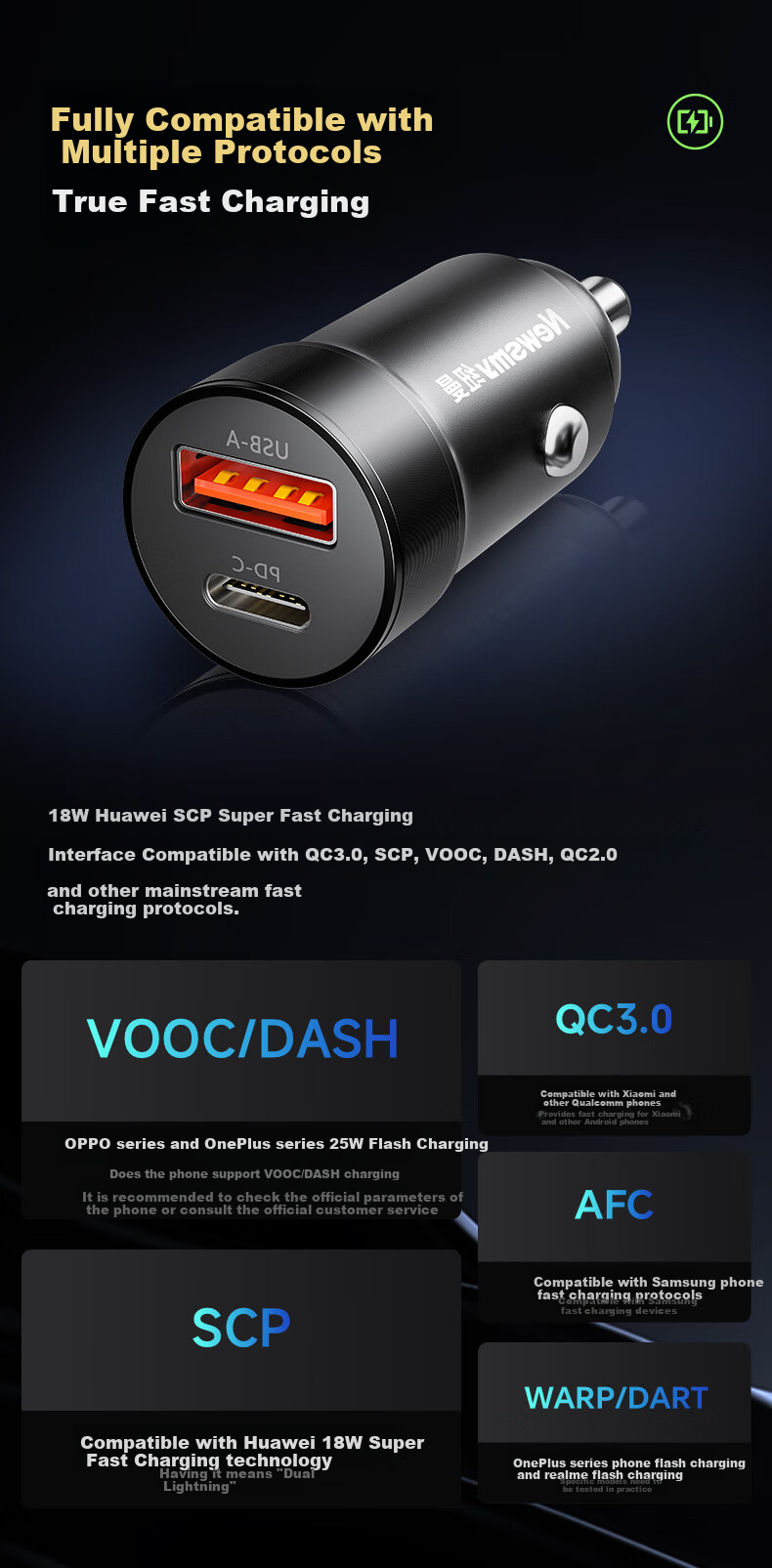 Newsmy Car Charger, Cigarette Lighter Adapter, Super Fast Charging Head, Dual-Port Converter, 30W Mini Adapter, Compatible with Apple PD Fast Charging 1